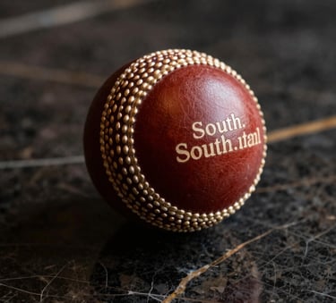 A premium close-up of a leather cricket ball resting on a high-end dark marble surface with soft gold lighting accents, modern and sophisticated feel, South Asian context.