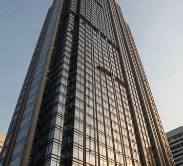 A dramatic low-angle shot of a glass and steel skyscraper in Bangkok, reflecting the golden hour sun. The composition emphasizes strength, stability, and reach into the Asia Pacific market.