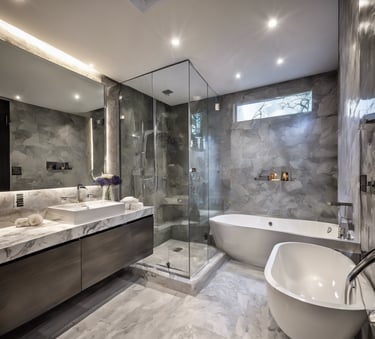 a bathroom with a tub tub and a large mirror