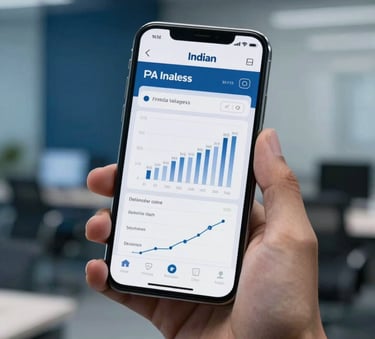 A close-up shot of a professional hand holding a modern smartphone displaying a clean financial interface. The background is a blurred, high-tech Indian corporate office with deep blue and light grey accents.