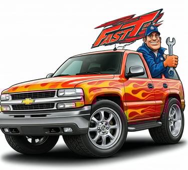 Fast T's Mobile Battery Service Truck cartoon with a Mechanic and a wrench 