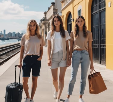 three women standing on a train track with luggage
