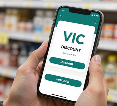 A close-up of a person using a mobile app to redeem a discount in a Vic shop. Digital interface visible with clean lines. High-tech but accessible feel. Background includes hints of the local shop environment. Color palette highlights #6C9A8B and #F8F8F8.
