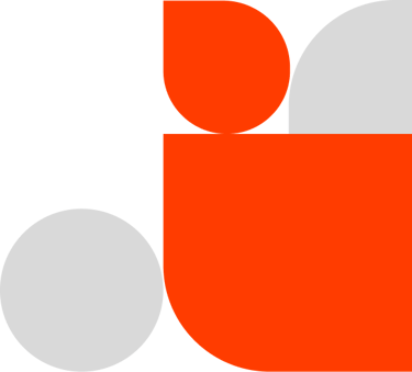 a red and white logo with a large orange and white object