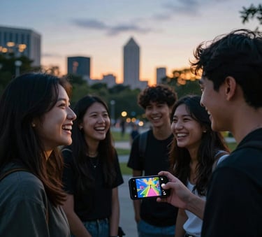 A group of young adults laughing together in a North American / US city park at dusk. One person is holding a smartphone showing a vibrant, colorful game. The scene is lit by the warm glow of the setting sun and sky blue tones in the sky.