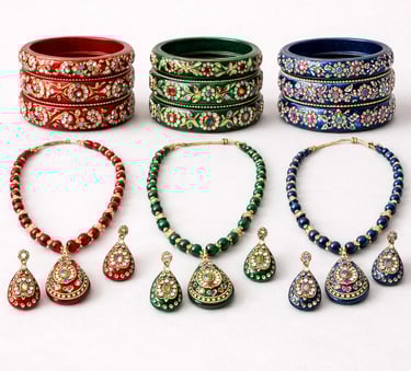 Decorative lac jewelry set with necklaces, earrings, and embellished bangles.