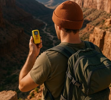 Man using GPS device while standing on rocky canyon trail