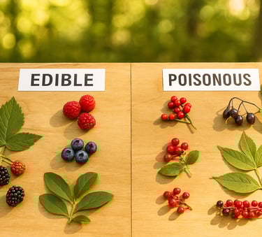 Chart comparing edible and poisonous berries and leaves for wilderness survival and plant identification