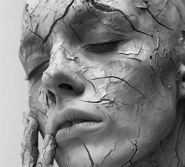 ein junges weibliches Gesicht mit eingerissener Haut, ähnlich getrockneter erde