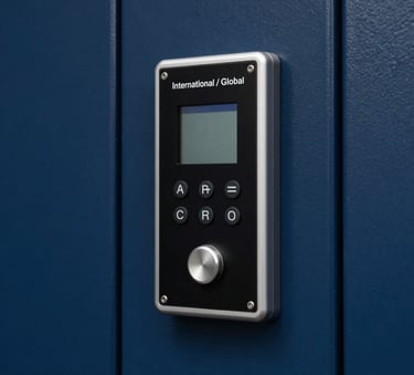 A close-up photograph of a high-security electronic access panel on a sleek Navy Blue metal door, clean lines, professional industrial lighting, International / Global business setting.