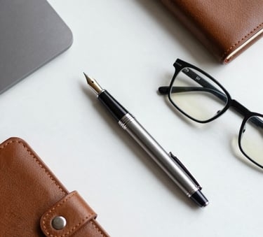 A top-down view of a minimalist corporate desk with a high-end fountain pen, a leather-bound notebook, and a pair of spectacles on a clean white surface, Global Business / Corporate.