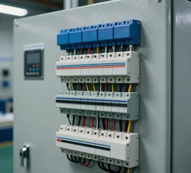 Close-up photography of a high-tech electrical control panel with intricate wiring and components, set in a clean North American / Industrial facility, electric blue and steel gray tones.