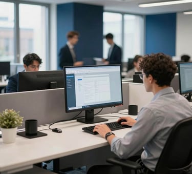 Professional photography capturing a busy corporate office in the United Kingdom, with dynamic motion blur showing productive activity. In sharp focus is a modern desk featuring a computer monitor displaying work tools, surrounded by clean off-white and deep navy blue interiors. Natural light streams from large windows, conveying efficiency, innovation, and corporate trust.