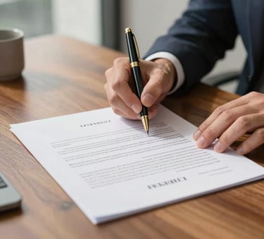 A close-up photograph of a professional signing mortgage documents on a high-quality wood desk in a bright, modern North American office. The lighting is warm and professional, highlighting the textures of the paper and the gold-trimmed pen.
