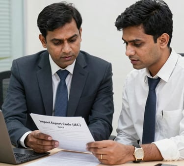 Two business professionals reviewing an Import Export Code (IEC) document for DGFT compliance.