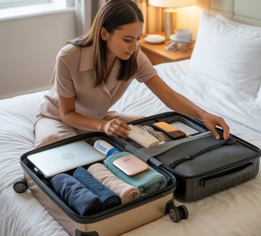 A woman neatly packing a carry-on suitcase with a laptop, clothes, and travel accessories on a bed.