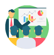 a man in a suit and tie is pointing at a presentation on a white board