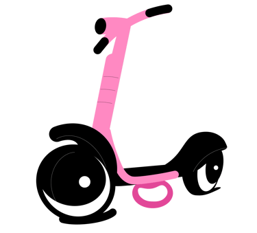 Różowa hulajnoga z czarnymi błotnikami i oczami zamiast kółek.