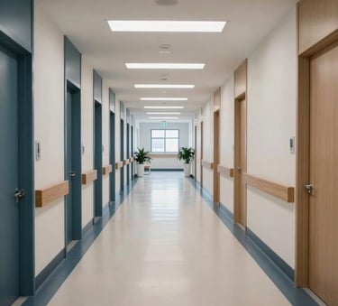 A wide shot of a pristine, modern healthcare facility hallway in Brooklyn, featuring polished floors, dark blue accents, and bright clinical lighting in a North American medical center.