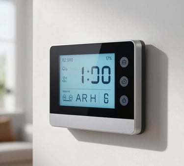 A close-up photograph of a modern digital smart thermostat mounted on a clean white wall in a North American home, displaying a cool temperature setting in a bright, sunlit room.