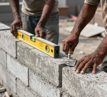 A close-up photograph of skilled South Asian / Indian masons expertly laying concrete blocks for a large wall, using professional levels and trowels, bright daylight, industrial site context.