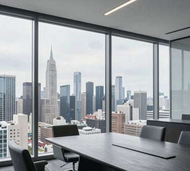 A high-end, bright glass-walled boardroom in a North American / US skyscraper overlooking a sprawling city skyline, featuring minimalist slate charcoal furniture and clean lines.