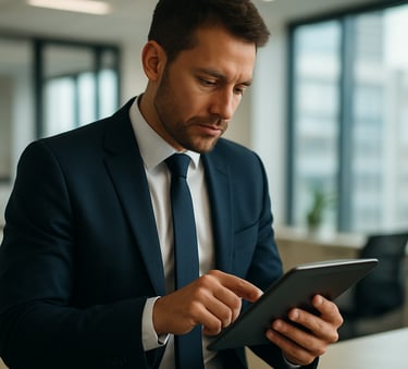Candid photography of a professional in business attire working with data on a tablet in a brightly lit, modern Slovak office space. The composition is clean and focused, using a shallow depth of field to highlight the sense of expertise and attention to detail.