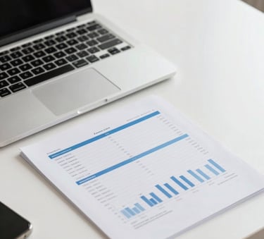 A clean, modern workspace in the United States with a laptop and financial documents on a white desk, emphasizing efficiency and clarity with light blue accents.