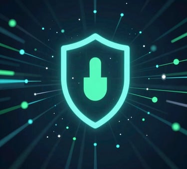 Abstract digital visualization of software testing and cybersecurity, featuring glowing nodes, data streams, and a shield icon. Colors are predominantly #0F1D33 with vibrant teal #4CAF9D accents, clean and technologically sophisticated.