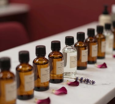 An intimate fragrance blending workshop in France. Row of beautiful amber and clear glass apothecary bottles on a white marble counter, delicate lavender and rose petals nearby. Luxurious editorial style, deep red accents, shallow depth of field.
