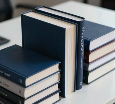 A close-up high-quality photograph of a curated selection of hardcover business and technology books stacked neatly on a sleek minimalist desk in a modern Southern European / Spanish office. The lighting is soft and natural, emphasizing textures. Accents of deep navy blue and muted slate blue appear in the book covers.