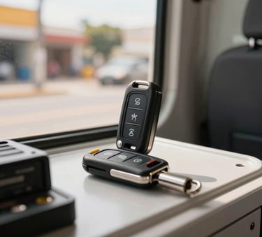 A detailed shot of a modern car key fob and locksmith transponder equipment inside a mobile service van. South American / Brazilian street visible through the window, bright morning light, amber and white accents.