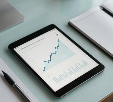 A top-down view of a modern desk in a European Portuguese office, featuring a tablet with growth charts, a notebook, and a sleek pen. Lighting is soft and natural, with a palette of muted teal and light blue.
