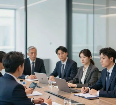 A high-end boardroom meeting with business professionals in dark suits discussing global trade strategy, glass walls, modern architectural details, lighting is professional and clean, incorporating #0A2342 and #F8F8F8 tones.