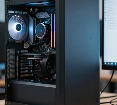 A close-up of high-end computer hardware and a glowing monitor in a modern North American / US tech office, featuring a palette of deep charcoal and muted slate blue.