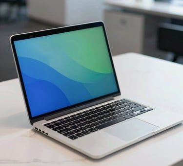 Close-up photography of a sleek silver laptop on a minimalist white marble desk in a North American corporate setting, the screen glowing with soft light, royal blue and green accents in the surrounding office decor.