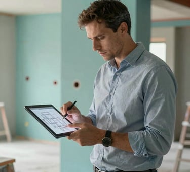 A professional project manager in a Western European / French interior construction site, dressed in smart casual attire, reviewing architectural plans on a digital tablet. The scene conveys serious competence and reliability with a background of muted sea teal and dark slate blue structural elements.
