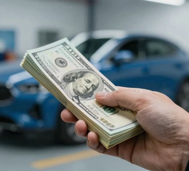 A close-up shot of a hand holding a stack of cash with a blurred background of a modern automotive workshop in Houston. The lighting is bright and professional, incorporating tones of #7A9AB0 and #3C5A6B.