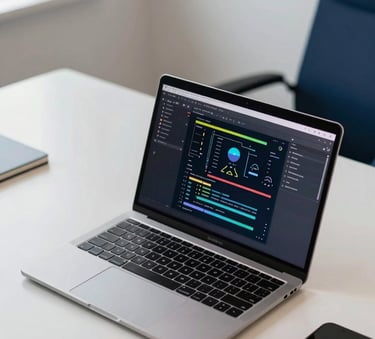 A high-angle shot of a sleek modern laptop displaying complex system architecture on a desk in a bright, professional Georgia office. The room features soft off-white walls and midnight blue accents in the furniture.