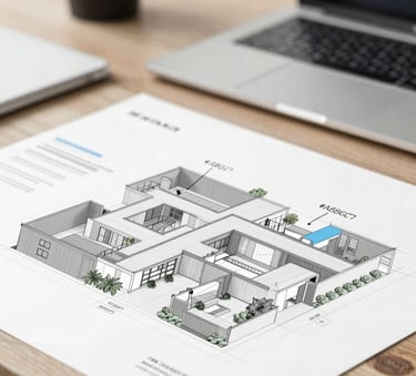 Detailed architectural technical drawing and 3D model on a professional workspace, incorporating the brand palette #5B6A7A and #A8B6C7, clean and professional lighting.