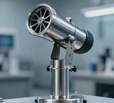 A high-tech, stainless steel automatic foam cannon mounted on a platform, industrial setting, professional photography, utilizing a palette of #0A192F and #8D9FB0 with clean metallic reflections.