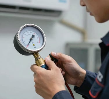 A close-up of a professional technician's hands using a manifold gauge to check pressure during an AC gas filling service. The lighting is clean and sharp, emphasizing technical precision. The technician wears a uniform with a #1A2C3D logo. Professional, high-quality aesthetic.