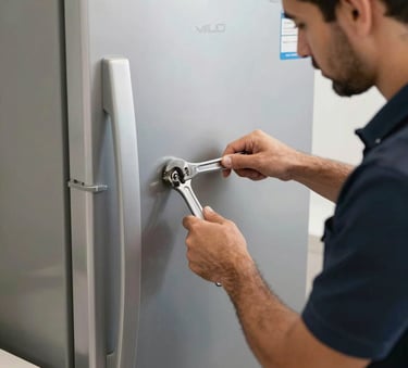 A focused shot of a professional technician's hands using a wrench to repair the back of a large silver refrigerator, Middle Eastern / Gulf indoor setting, clean and modern tools, Slate and Dark Navy color scheme.