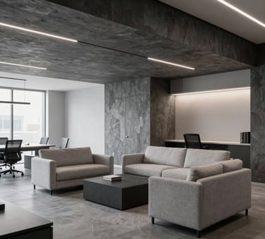 A modern minimalist interior of a commercial real estate office in Slovakia, featuring slate grey and light grey furniture, clean architectural lines, and professional soft lighting.