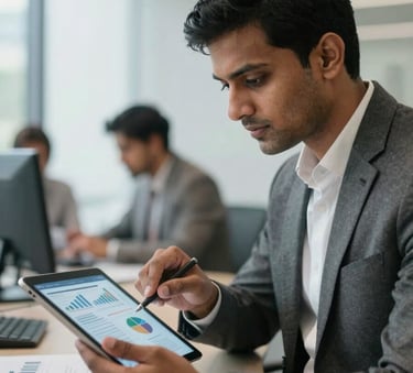 A South Asian professional reviewing financial reports on a tablet in a modern corporate workspace. The composition is clean and focused, reflecting a mood of expert consultancy and business building.