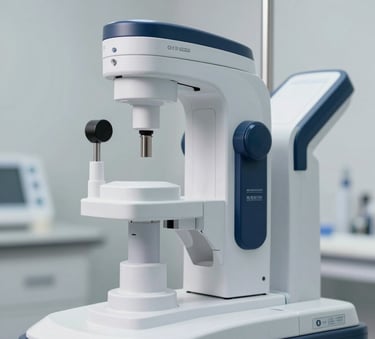 A high-end, close-up shot of modern medical diagnostic equipment in a clean clinical environment, featuring professional studio lighting and a sleek metallic finish with accents of slate blue and dark navy.