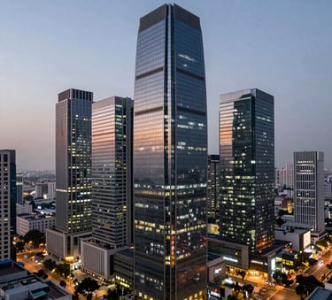 A panoramic view of a modern South Asian business district at dusk. The architecture is sophisticated and sleek, with glass towers reflecting soft slate blue and gray lights.