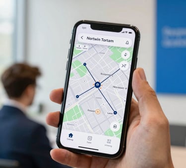 A close-up photograph of a smartphone displaying a connectivity map, held by a professional in a modern Northern European / British office environment. The scene is lit with natural daylight, featuring soft off-white walls and vibrant blue details in the background.