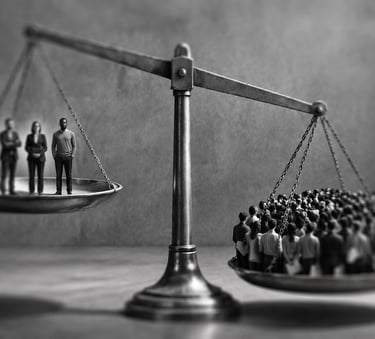 giant metal scale with 3 people on one plate going up , and a group of people on the one going down