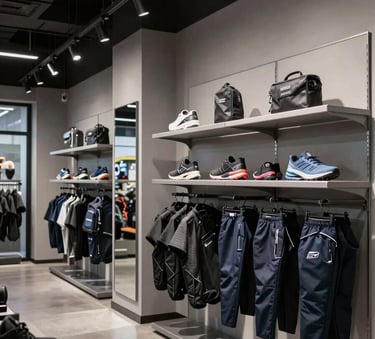 A high-end sports retail store environment with sleek lighting, displaying professional gear in steel grey and dark navy tones, professional architectural photography.